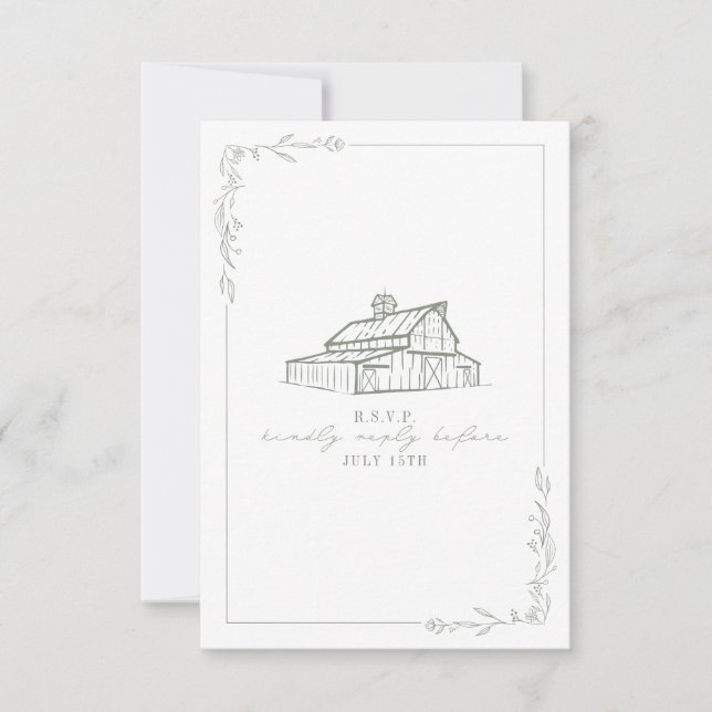 Rustic Barn Sage Green White Wedding RSVP Card (Front)