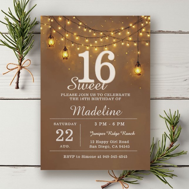 Rustic Barn String Lights Glow Lanterns Sweet 16 Invitation (rustic sweet 16 birthday party invitation string lights barn lanterns brown gold outdoors backyard)