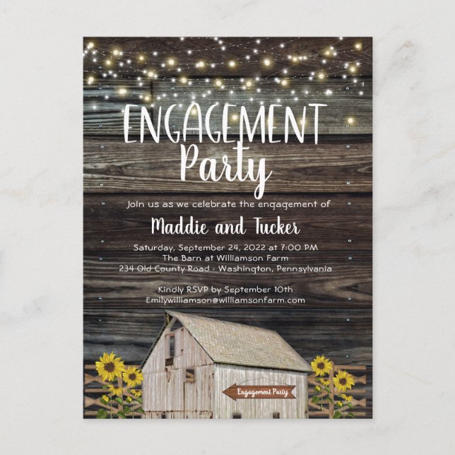 Rustic Barn Sunflower Wood Lights Engagement Party Postcard (Front)