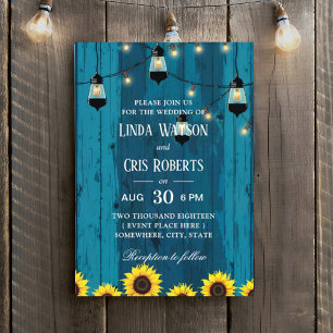 Rustic Barn Sunflowers String Lights Wedding Invitation