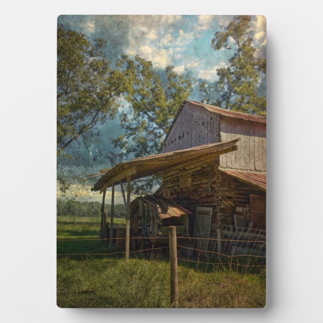 Rustic Barn Surrounded by fields under a Blue Sky. Plaque (Front)