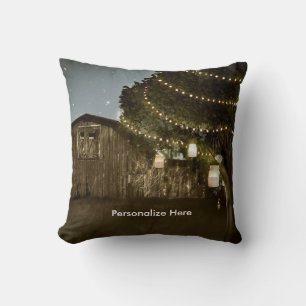 Rustic Barn & Tree String Lights Throw Pillow