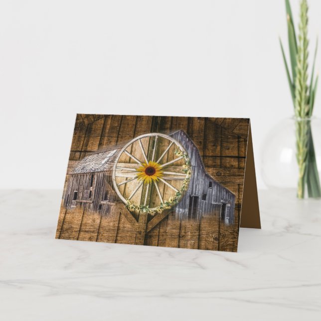 Rustic Barn Wagon Wheel Sunflower Holiday Card (Front)