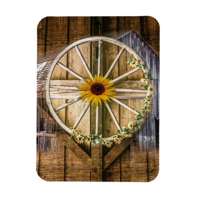 Rustic Barn Wagon Wheel Sunflower Magnet (Vertical)