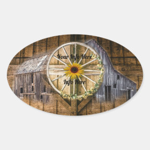 Rustic Barn Wagon Wheel Sunflower Oval Sticker