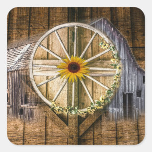 Rustic Barn Wagon Wheel Sunflower Square Sticker