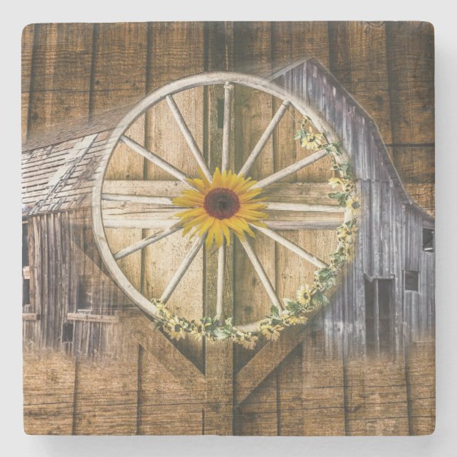 Rustic Barn Wagon Wheel Sunflower Stone Coaster (Front)