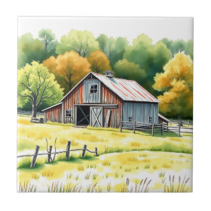 Rustic Barn Watercolor Surrounded by Fields Ceramic Tile