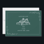 Rustic Barn Wedding Emerald Green Save The Date<br><div class="desc">Illustration of rustic barn at top with line art botanical border.  Background is dark emerald colour.</div>