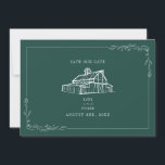 Rustic Barn Wedding Emerald Green Save The Date<br><div class="desc">Illustration of rustic barn at top with line art botanical border.  Background is dark emerald colour.</div>