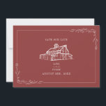 Rustic Barn Wedding Muted Red Save The Date<br><div class="desc">Illustration of rustic barn at top with line art botanical border.  Background is muted red.</div>