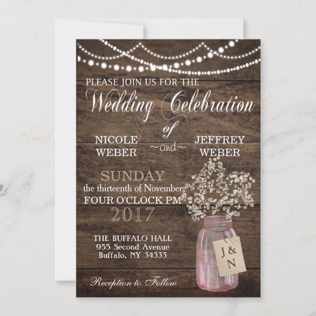 Rustic Barn Wedding Pink Mason Jar Babys Breath In Invitation (Front)