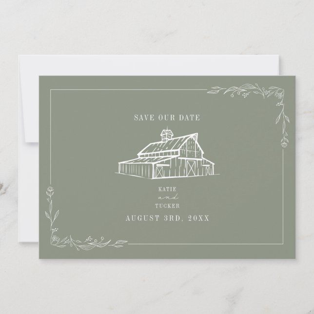Rustic Barn Wedding Sage Green Save The Date (Front)