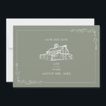Rustic Barn Wedding Sage Green Save The Date<br><div class="desc">Illustration of rustic barn at top with line art botanical border.  Background is Sage Green.</div>