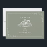 Rustic Barn Wedding Sage Green Save The Date<br><div class="desc">Illustration of rustic barn at top with line art botanical border.  Background is Sage Green.</div>