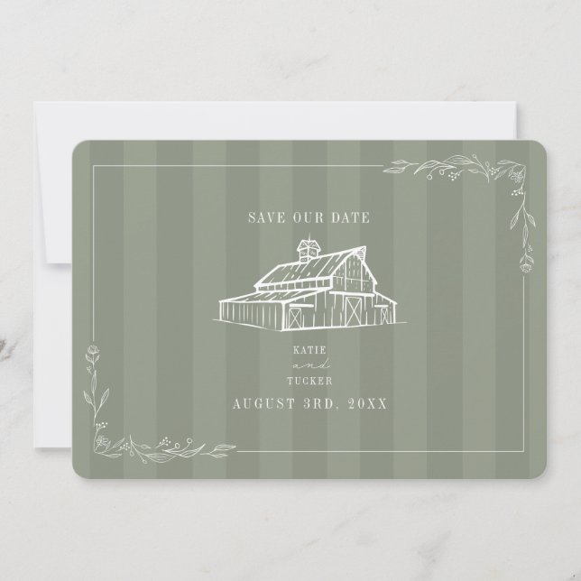 Rustic Barn Wedding Sage Green Stripe Save The Date (Front)
