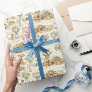 Rustic Barn Wedding Watercolor Pattern Wrapping Paper