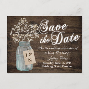 Rustic Barn Wedding Wood Mason Jar Babys Breath Announcement Postcard