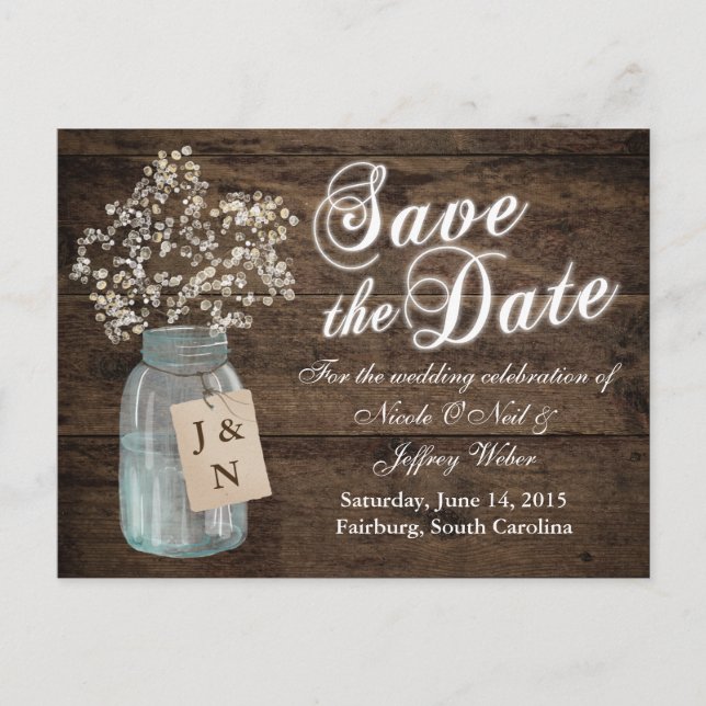 Rustic Barn Wedding Wood Mason Jar Babys Breath Announcement Postcard (Front)