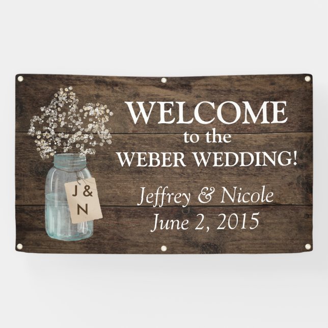 Rustic Barn Wedding Wood Mason Jar Babys Breath Banner (Horizontal)