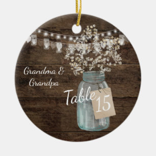 Rustic Barn Wedding Wood Mason Jar Babys Breath Ceramic Ornament