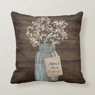Rustic Barn Wedding Wood Mason Jar Babys Breath Cushion
