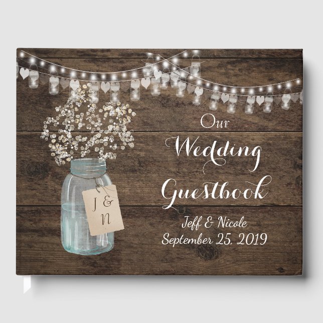Rustic Barn Wedding Wood Mason Jar Babys Breath Guest Book (Front)