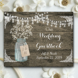 Rustic Barn Wedding Wood Mason Jar Babys Breath Guest Book