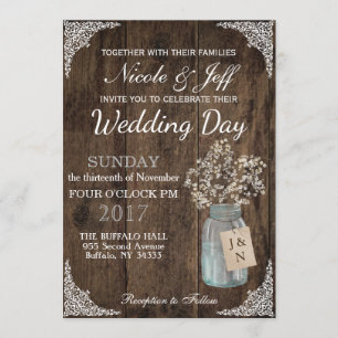Rustic Barn Wedding Wood Mason Jar Babys Breath Invitation