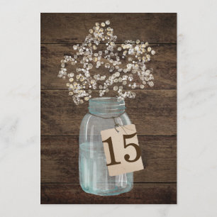 Rustic Barn Wedding Wood Mason Jar Babys Breath Invitation