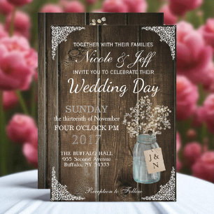 Rustic Barn Wedding Wood Mason Jar Babys Breath Invitation