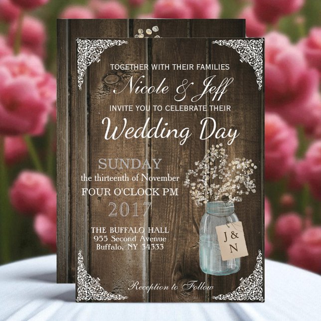 Rustic Barn Wedding Wood Mason Jar Babys Breath Invitation (Creator Uploaded)
