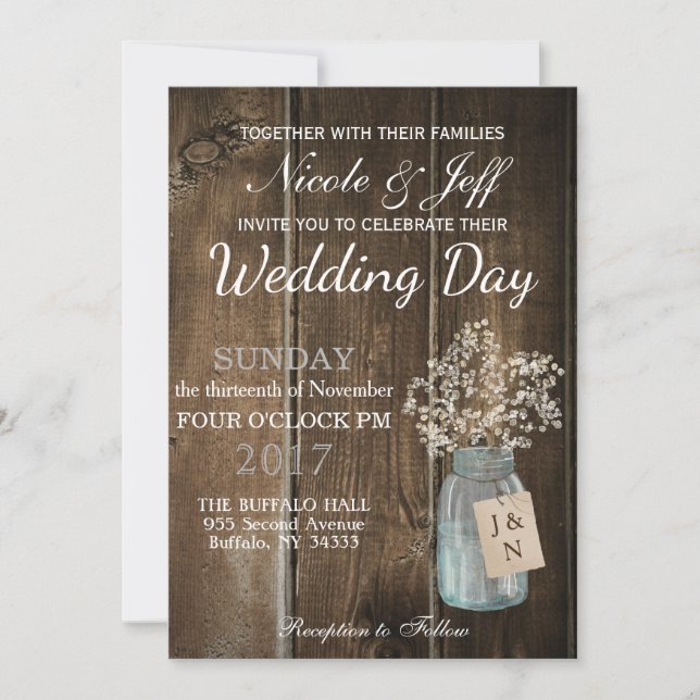 Rustic Barn Wedding Wood Mason Jar Babys Breath Invitation (Front)