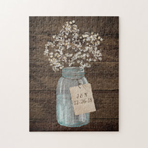 Rustic Barn Wedding Wood Mason Jar Babys Breath Jigsaw Puzzle