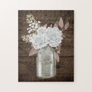 Rustic Barn Wedding Wood Mason Jar Babys Breath Jigsaw Puzzle