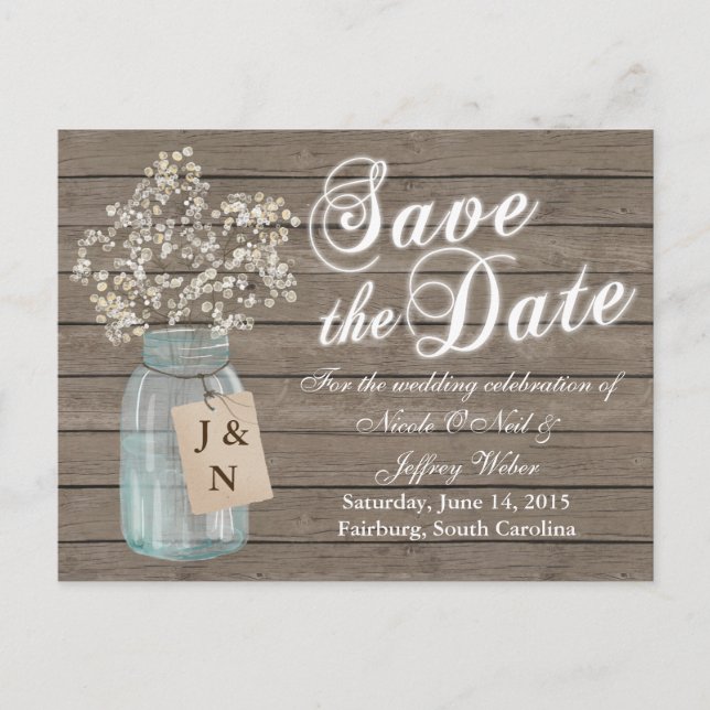 Rustic Barn Wedding Wood Mason Jar Babys Breath Postcard (Front)