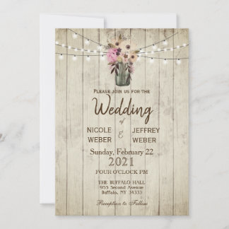 Rustic Barn Wedding Wood Mason Jar Invitation