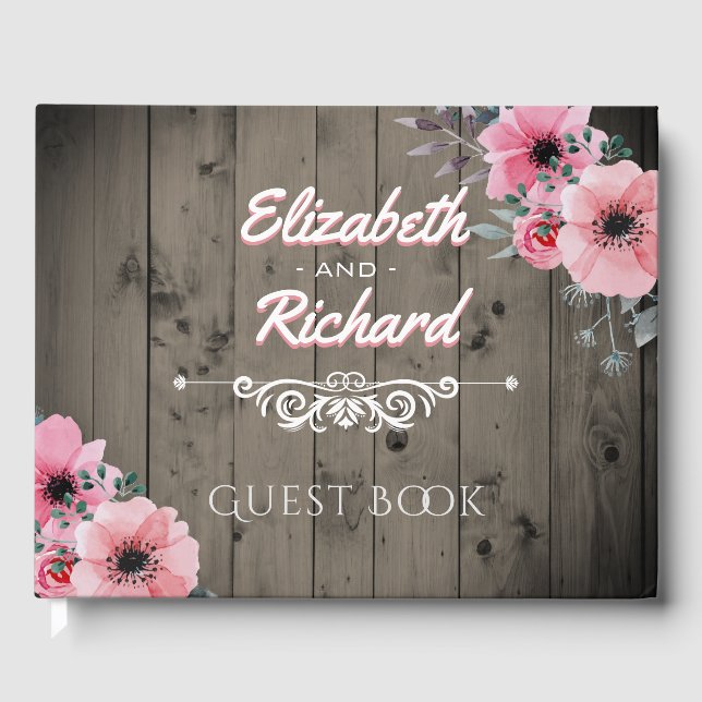 Rustic Barn Wedding Wood Pink Flowers Guest Book (Front)