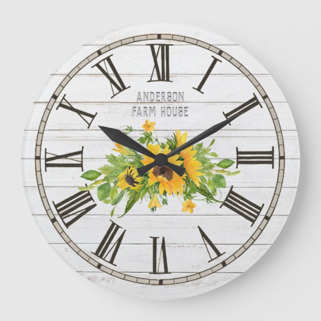 Rustic Barn White Grey Wood Sunflowers Kitchen Large Clock (Front)