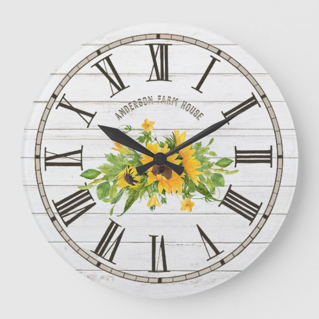 Rustic Barn White Grey Wood Sunflowers Kitchen Large Clock (Front)
