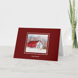 Rustic Barn with Red Fox Snow Scene Holiday Card
