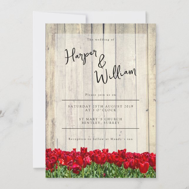 Rustic barn with red tulips wedding invitation (Front)