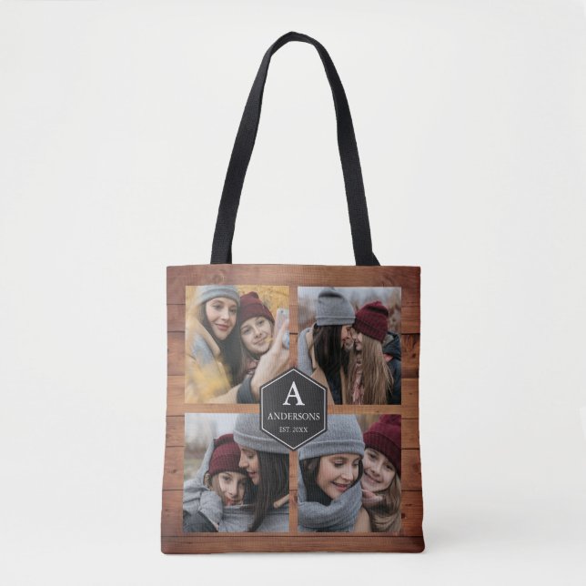 Rustic Barn Wood 4 Pictures Family Photo Collage Tote Bag (Front)