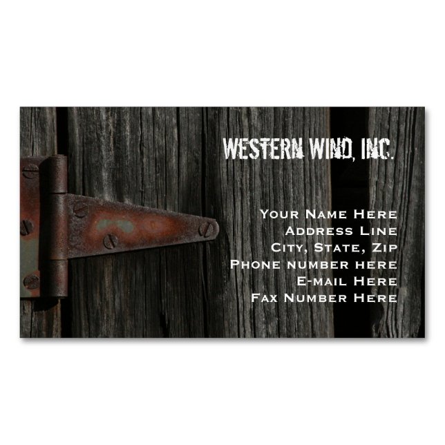 Rustic Barn Wood and Hinge Country Magnetic Business Card (Front)