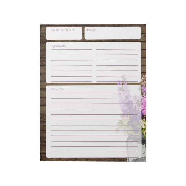 Rustic Barn Wood and Jar of Flowers Recipe Pages Notepad (Rotated)