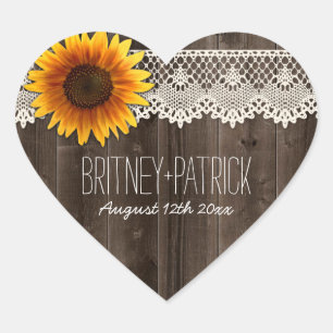 Rustic Barn Wood and Lace Sunflower Wedding Favour Heart Sticker