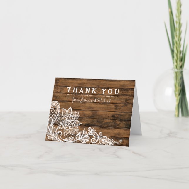 Rustic Barn Wood and Lace Thank You Card (Front)