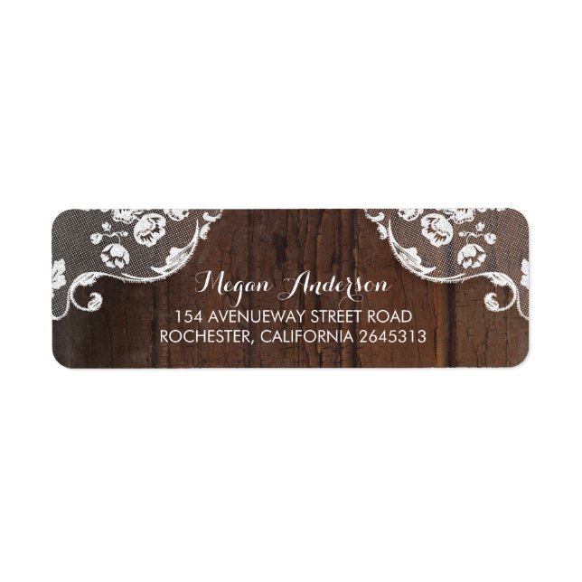 Rustic Barn Wood and Lace Wedding Return Address Label (Front)