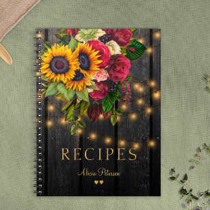 Rustic barn wood and lights floral kitchen recipes notebook