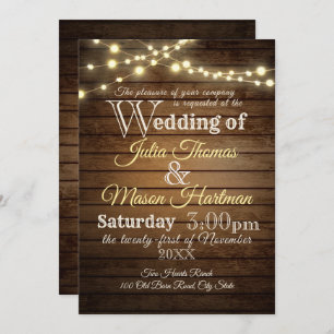 Rustic Barn Wood and String  Lights Wedding Invitation